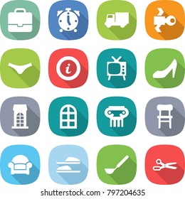flat vector icon set - portfolio vector, alarm clock, truck, satellite, underpants, info, tv, shoes, building, arch window, antique column, chair, armchair, slippers, ladle, scissors