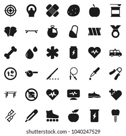 Flat vector icon set - potato vector, diet, heart pulse, stopwatch, jump rope, hand trainer, horizontal bar, snickers, boxing glove, roller Skates, skateboard, target, medal, sports nutrition, cross
