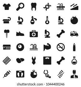 Flat vector icon set - potato vector, microscope, scales, stopwatch, punching bag, fitball, muscule hand, snickers, swimsuite, t shirt, stairways run, pool, no smoking, first aid kit, bone, flask