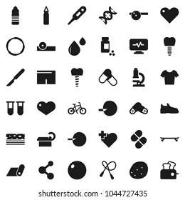 Flat vector icon set - potato vector, microscope, pills vial, bike, jump rope, punching bag, fitball, snickers, shorts, t shirt, skateboard, molecule, water bottle, fitness mat, breads, heart cross