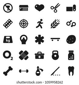 Flat vector icon set - potato vector, barbell, weight, skateboard, target, fitness mat, cereals, no alcohol sign, bone, oxygen, run, heart, doctor bag, ambulance star, gender, scissors, scalpel