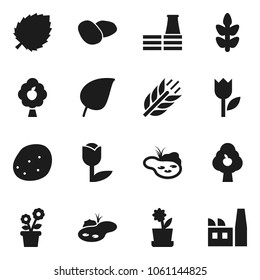 Flat vector icon set - potato vector, leaf, cereals, tulip, pond, fruit tree, flower in pot, factory