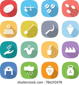 flat vector icon set - potato vector, plow, coffee seeds, field, shovel, sickle, grape, harvest, corn, seedling, barn, sow, strawberry, fertilizer