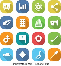 flat vector icon set - presentation vector, graph, around gear, molecule, up down arrow, building, skyscraper, slum, trip, important flag, sun, ladle, fish, maple leaf, scoop, duster
