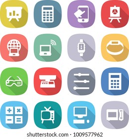 flat vector icon set - presentation vector, calculator, touch, notebook globe, wireless, smart watch, bracelet, glasses, market scales, equalizer, tv, computer, microwave oven