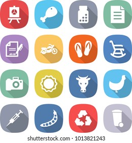 flat vector icon set - presentation vector, chicken leg, pills bottle, document, inventory, motorcycle, flip flops, rocking chair, camera, induction oven, cow, syringe, peas, recycling, trash bin