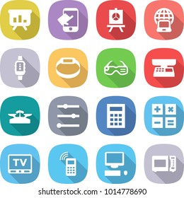 flat vector icon set - presentation vector, touch, notebook globe, smart watch, bracelet, glasses, market scales, equalizer, calculator, tv, mobile phone, computer, microwave oven