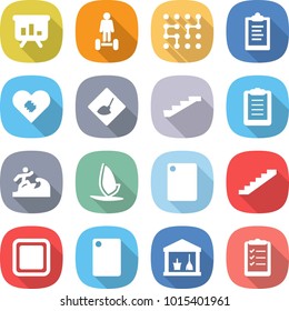 flat vector icon set - presentation vector, hoverboard, chip, clipboard, pacemaker, under construction, stairs, surfer, windsurfing, cutting board, utility room, list