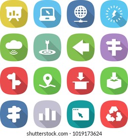 flat vector icon set - presentation vector, notebook, globe connect, lightning, cloud wireless, target, left arrow, singlepost, signpost, geo pin, package, chart, browser window, recycling