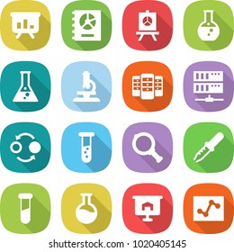 flat vector icon set - presentation vector, annual report, round flask, microscope, server, quantum bond, vial, magnifier, pipette, test, analytics