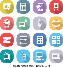 flat vector icon set - presentation vector, calculator, touch, notebook globe, wireless, smart watch, bracelet, market scales, equalizer, tv, mobile phone, computer, microwave oven