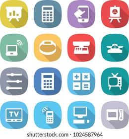 flat vector icon set - presentation vector, calculator, touch, notebook wireless, smart bracelet, market scales, equalizer, tv, mobile phone, computer, microwave oven