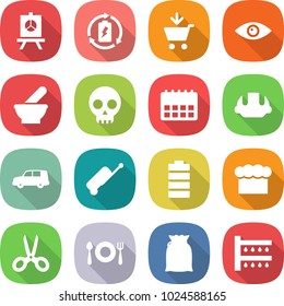 flat vector icon set - presentation vector, battery charge, add to cart, eye, mortar, skull, calendar, building helmet, car shipping, suitcase, chief hat, scissors, fork spoon plate, flour, watering