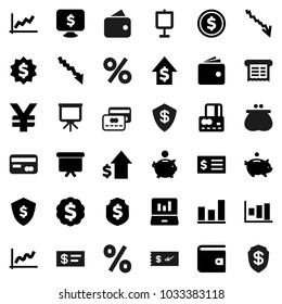 Flat vector icon set - presentation vector, dollar coin, graph, laptop, credit card, wallet, crisis, piggy bank, growth, receipt, board, medal, shield, monitor, yen sign, percent, check