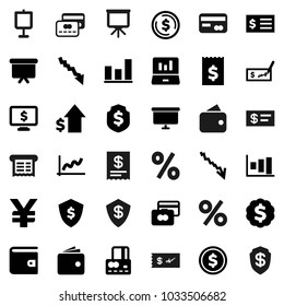 Flat vector icon set - presentation vector, dollar coin, graph, laptop, credit card, wallet, crisis, growth, check, receipt, board, medal, shield, monitor, yen sign, percent