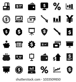 Flat vector icon set - presentation vector, dollar coin, graph, laptop, credit card, wallet, crisis, piggy bank, growth, check, receipt, board, medal, shield, monitor, yen sign, percent