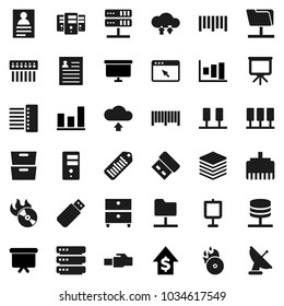 Flat vector icon set - presentation vector, archive, personal information, graph, dollar growth, board, barcode, music hit, server, network folder, cloud exchange, big data, browser, hub, upload