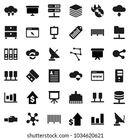 Flat vector icon set - presentation vector, archive, personal information, graph, dollar growth, binder, board, barcode, music hit, social media, network, server, folder, cloud shield, exchange, usb