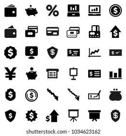 Flat vector icon set - presentation vector, dollar coin, graph, laptop, credit card, wallet, crisis, piggy bank, growth, check, receipt, board, medal, shield, monitor, yen sign, percent