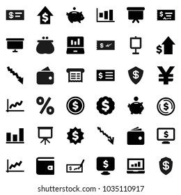Flat vector icon set - presentation vector, dollar coin, graph, laptop, wallet, crisis, piggy bank, growth, check, receipt, board, medal, monitor, yen sign, percent, shield