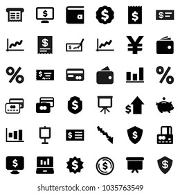 Flat vector icon set - presentation vector, dollar coin, graph, laptop, credit card, wallet, crisis, piggy bank, growth, check, receipt, board, medal, shield, monitor, yen sign, percent