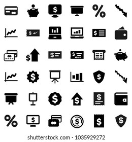 Flat vector icon set - presentation vector, dollar coin, graph, laptop, credit card, wallet, crisis, piggy bank, growth, check, receipt, board, medal, shield, monitor, percent