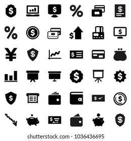Flat vector icon set - presentation vector, dollar coin, graph, laptop, credit card, wallet, crisis, piggy bank, growth, check, receipt, board, medal, shield, monitor, yen sign, percent