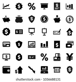 Flat vector icon set - presentation vector, dollar coin, graph, laptop, credit card, wallet, crisis, piggy bank, growth, check, receipt, board, medal, shield, monitor, yen sign, percent