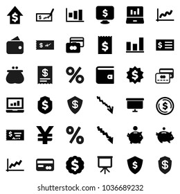 Flat vector icon set - presentation vector, dollar coin, graph, laptop, credit card, wallet, crisis, piggy bank, growth, check, receipt, board, medal, shield, monitor, yen sign, percent