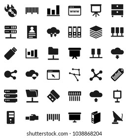 Flat vector icon set - presentation vector, archive, personal information, graph, binder, board, barcode, music hit, social media, network, server, folder, cloud shield, exchange, big data, browser
