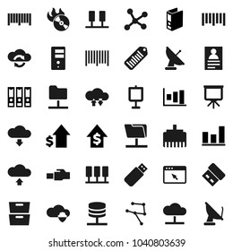 Flat vector icon set - presentation vector, archive, personal information, graph, dollar growth, binder, barcode, music hit, network, server, folder, cloud, shield, exchange, browser, lan connector