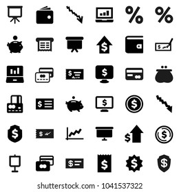 Flat vector icon set - presentation vector, dollar coin, graph, laptop, credit card, wallet, crisis, piggy bank, growth, check, receipt, board, medal, shield, monitor, percent