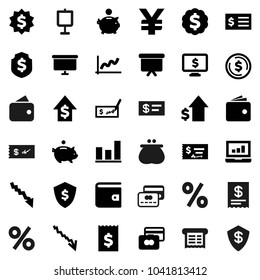 Flat vector icon set - presentation vector, dollar coin, graph, laptop, credit card, wallet, crisis, piggy bank, growth, check, receipt, board, medal, shield, monitor, yen sign, percent