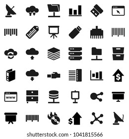 Flat vector icon set - presentation vector, archive, graph, dollar growth, binder, board, barcode, music hit, social media, network, folder, server, cloud exchange, big data, browser, hub, upload