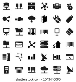 Flat vector icon set - presentation vector, archive, graph, dollar growth, binder, barcode, music hit, social media, network, server, folder, cloud, big data, browser, hub, lan connector, upload