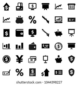 Flat vector icon set - presentation vector, dollar coin, graph, laptop, credit card, wallet, crisis, piggy bank, growth, check, receipt, board, monitor, yen sign, percent, shield