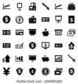 Flat vector icon set - presentation vector, dollar coin, graph, laptop, credit card, crisis, piggy bank, growth, check, receipt, board, medal, shield, monitor, yen sign, wallet