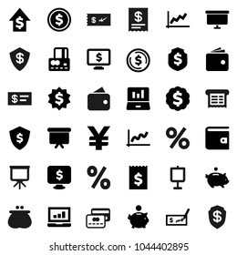 Flat vector icon set - presentation vector, dollar coin, graph, laptop, credit card, wallet, piggy bank, growth, check, receipt, board, medal, shield, monitor, yen sign, percent