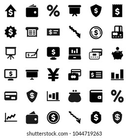 Flat vector icon set - presentation vector, dollar coin, graph, laptop, credit card, wallet, crisis, piggy bank, growth, check, receipt, board, medal, shield, monitor, yen sign, percent