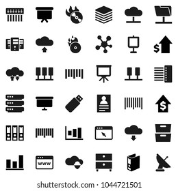 Flat vector icon set - presentation vector, archive, personal information, graph, dollar growth, binder, board, barcode, music hit, social media, server, network folder, cloud, shield, exchange, hub