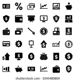 Flat vector icon set - presentation vector, dollar coin, graph, laptop, credit card, wallet, crisis, piggy bank, growth, check, receipt, board, medal, shield, monitor, percent