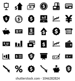Flat vector icon set - presentation vector, dollar coin, graph, laptop, credit card, crisis, piggy bank, growth, check, receipt, board, medal, shield, yen sign, wallet, percent