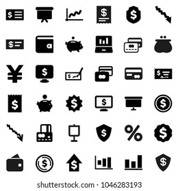 Flat vector icon set - presentation vector, dollar coin, graph, laptop, credit card, wallet, crisis, piggy bank, growth, check, receipt, board, medal, shield, monitor, yen sign, percent