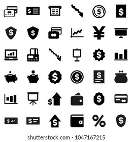 Flat vector icon set - presentation vector, dollar coin, graph, laptop, credit card, wallet, crisis, piggy bank, growth, receipt, board, medal, shield, yen sign, percent, check