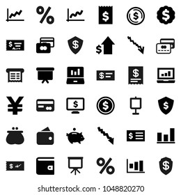 Flat vector icon set - presentation vector, dollar coin, graph, laptop, credit card, wallet, crisis, piggy bank, growth, check, receipt, board, medal, shield, monitor, yen sign, percent
