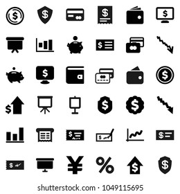 Flat vector icon set - presentation vector, dollar coin, graph, credit card, wallet, crisis, piggy bank, growth, check, receipt, board, medal, shield, monitor, yen sign, percent