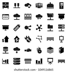 Flat vector icon set - presentation vector, archive, graph, dollar growth, binder, board, barcode, music hit, social media, network, server, folder, cloud, shield, exchange, big data, browser, hub