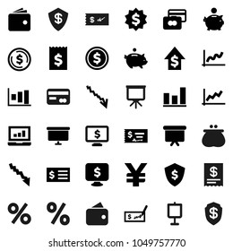 Flat vector icon set - presentation vector, dollar coin, graph, laptop, credit card, wallet, crisis, piggy bank, growth, check, receipt, board, medal, shield, monitor, yen sign, percent