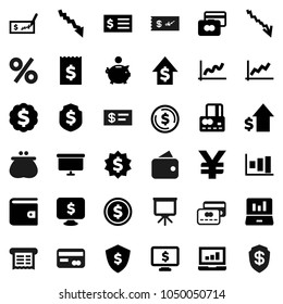 Flat vector icon set - presentation vector, dollar coin, graph, laptop, credit card, wallet, crisis, piggy bank, growth, check, receipt, board, medal, shield, monitor, yen sign, percent