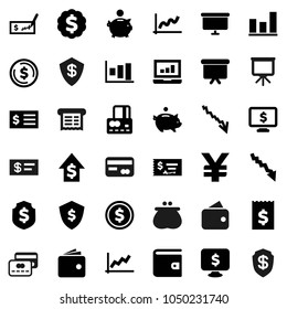 Flat vector icon set - presentation vector, dollar coin, graph, laptop, credit card, wallet, crisis, piggy bank, growth, check, receipt, board, medal, shield, monitor, yen sign